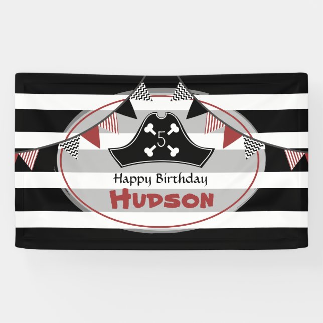 Pirate Hat Black + White Stripes Birthday Banner (Horizontal)