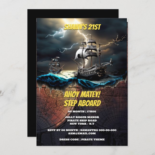 Pirate high seas chase ghost ship map theme invitation (Front/Back)