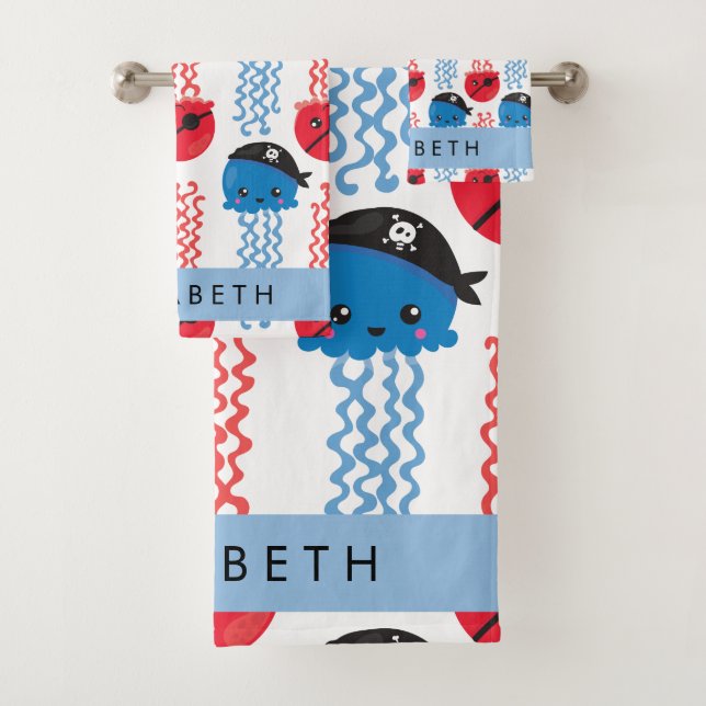 Pirate Jellyfish, Jellyfish Pattern, Your Name Bath Towel Set (Insitu)