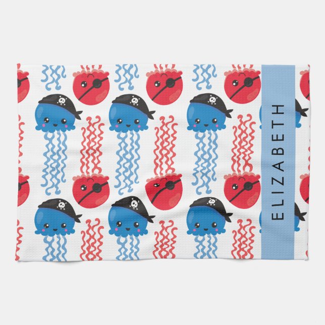 Pirate Jellyfish, Jellyfish Pattern, Your Name Tea Towel (Horizontal)