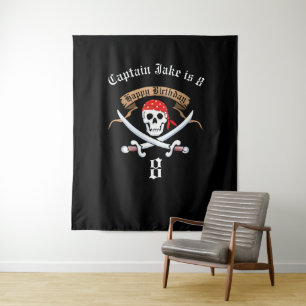 Pirate Jolly Roger Black Birthday Party Backdrop Tapestry