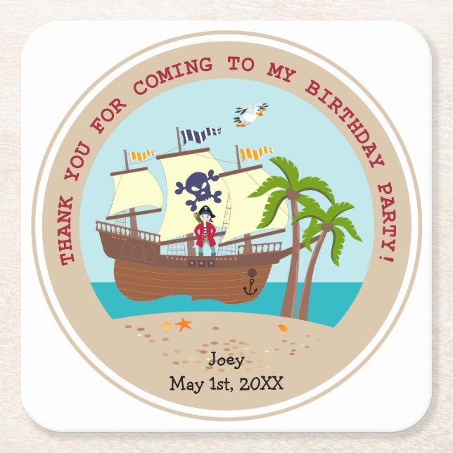 Pirate kid birthday party square paper coaster (Front)