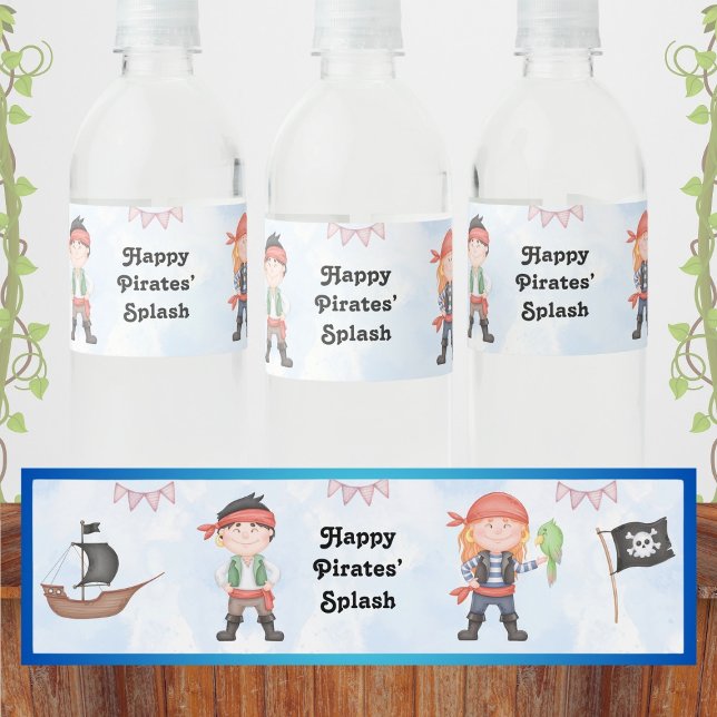 Pirate Kids Birthday on Blue Water Bottle Label (Creator Uploaded)