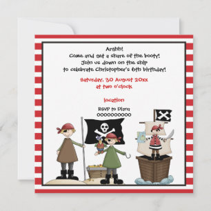 Pirate kids birthday party invitation- red border invitation