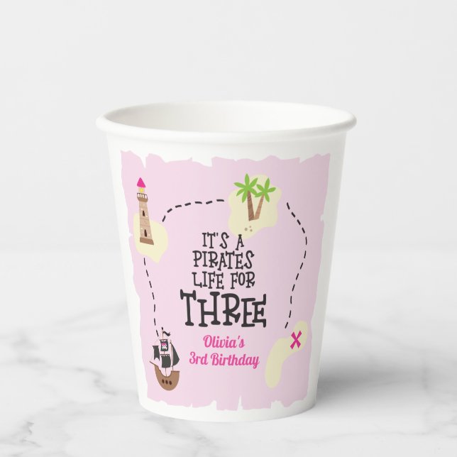 Pirate life for THREE me Pink Birthday Paper Cups (Front)