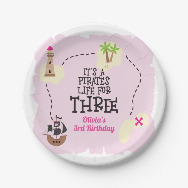 Pirate life for THREE me Pink Birthday Paper Plate (Front)