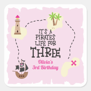 Pirate life for THREE me Pink Birthday Square Sticker