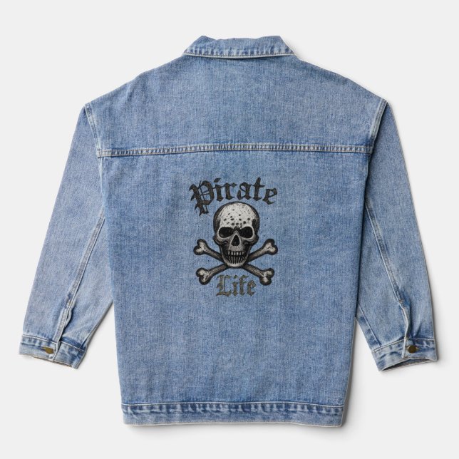 Pirate Life Skull & Crossbones Grunge Design Denim Jacket (Back)