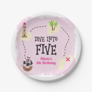 Pirate Map dive into five Pink 5th Birthday Paper Plate