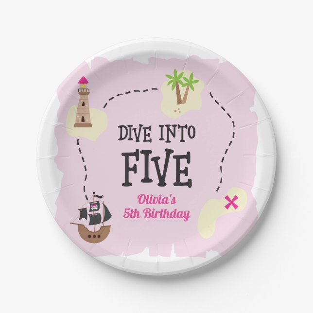 Pirate Map dive into five Pink 5th Birthday Paper Plate (Front)