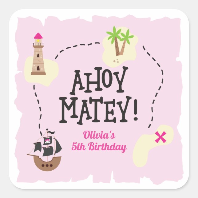 Pirate Map Pink Birthday Square Sticker (Front)