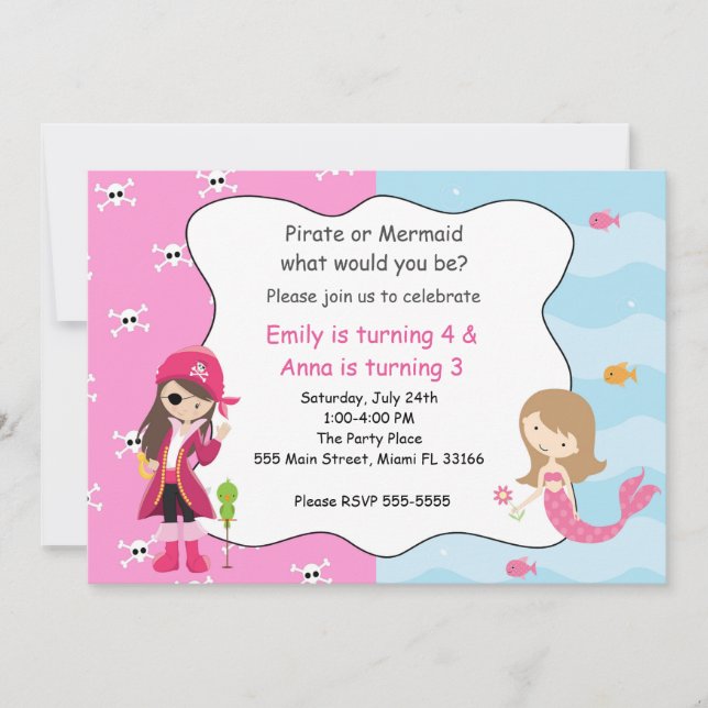 Pirate Mermaid Girl Birthday Party Invitation (Front)