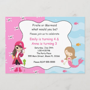 Pirate Mermaid Girl Birthday Party Invitation
