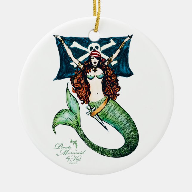 Pirate Mermaid Ornament Emerald/Gold — by KW (Front)