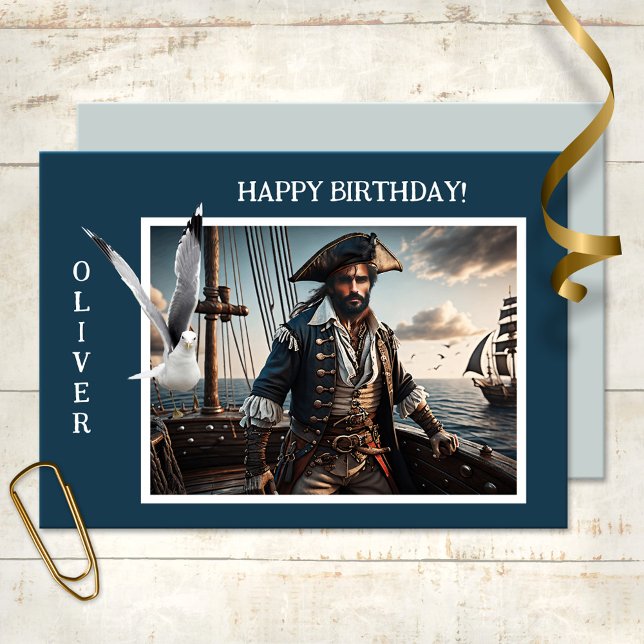 Pirate Ocean Seagull Fun Birthday Card (Birthday card featuring a retro image of a pirate on a clipper with a cute seagull.)
