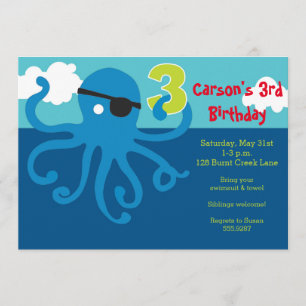 Pirate Octopus 3rd Birthday Swim Party Invite
