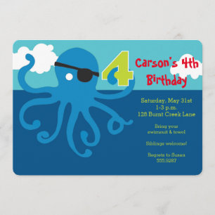 Pirate Octopus 4th Birthday Swim Party Invite