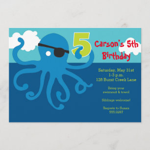 Pirate Octopus 5th Birthday Swim Party Invite