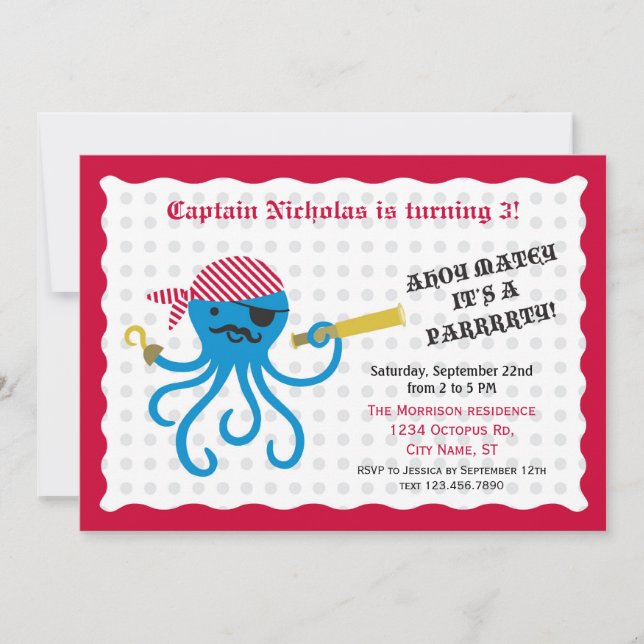 Pirate Octopus Birthday Party Invitation (Front)