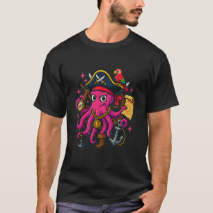 Pirate Octopus Captain with Parrot Pink Kraken T-Shirt