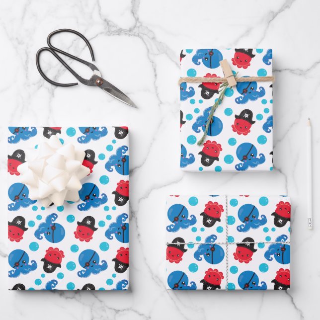 Pirate Octopus, Octopus Pattern, Sea Animals Wrapping Paper Sheet (Front)