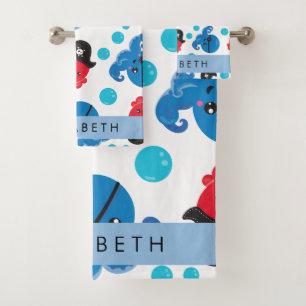 Pirate Octopus, Octopus Pattern, Sea, Your Name Bath Towel Set