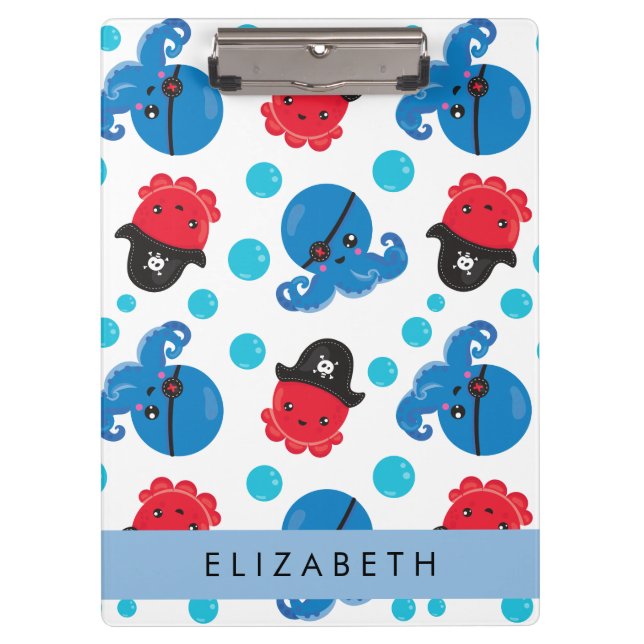 Pirate Octopus, Octopus Pattern, Sea, Your Name Clipboard (Front)