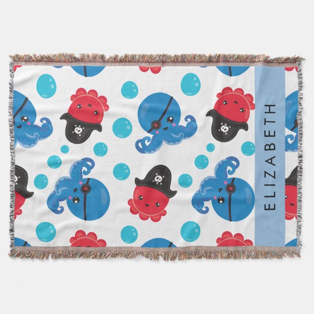 Pirate Octopus, Octopus Pattern, Sea, Your Name Throw Blanket (Front)