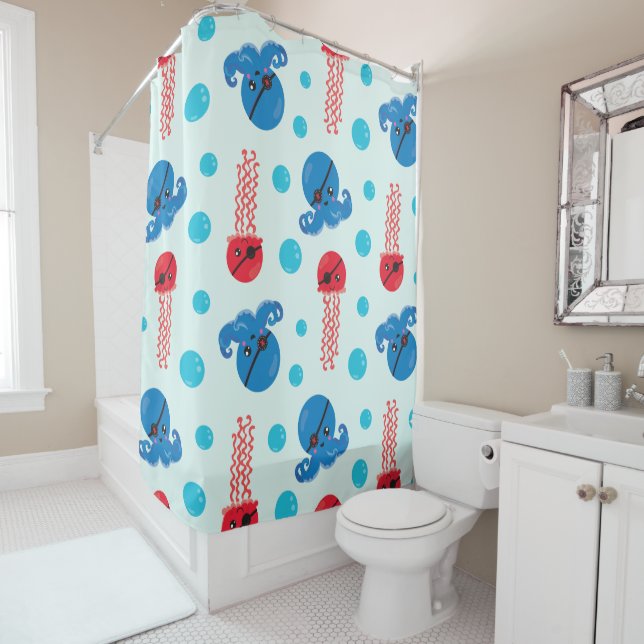 Pirate Octopus, Pirate Jellyfish, Sea Animals Shower Curtain (In Situ)