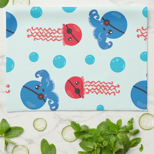 Pirate Octopus, Pirate Jellyfish, Sea Animals Tea Towel (Folded)