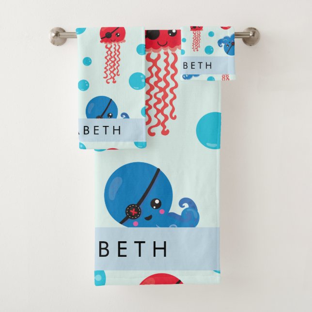 Pirate Octopus, Pirate Jellyfish, Sea, Your Name Bath Towel Set (Insitu)
