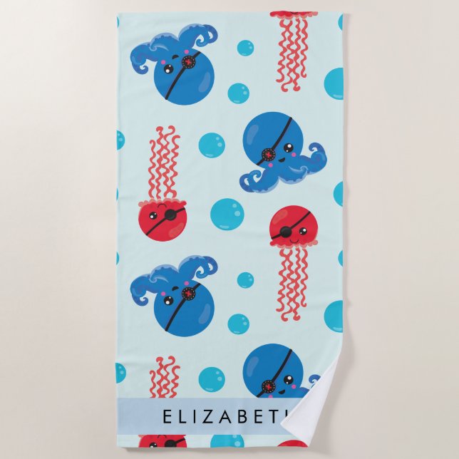 Pirate Octopus, Pirate Jellyfish, Sea, Your Name Beach Towel (Front)