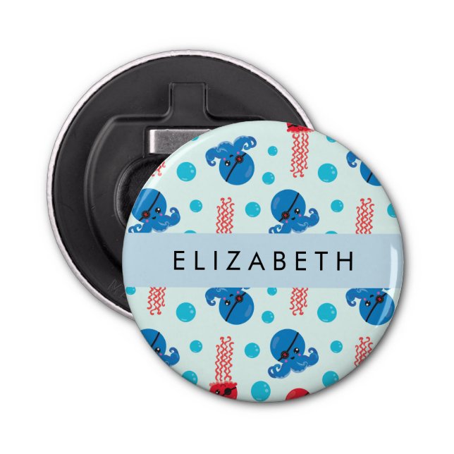 Pirate Octopus, Pirate Jellyfish, Sea, Your Name Bottle Opener (Front)