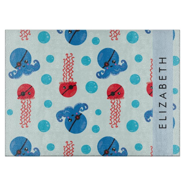Pirate Octopus, Pirate Jellyfish, Sea, Your Name Cutting Board (Front)