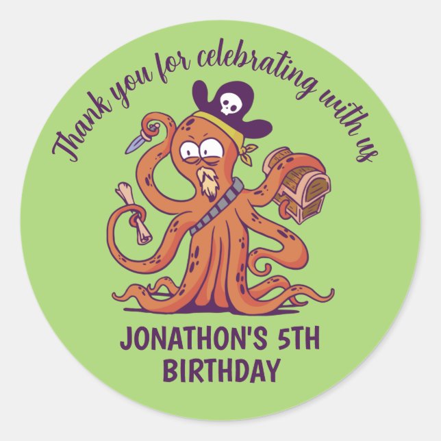 Pirate Octopus Treasure Hunt Kids Birthday Party Classic Round Sticker (Front)