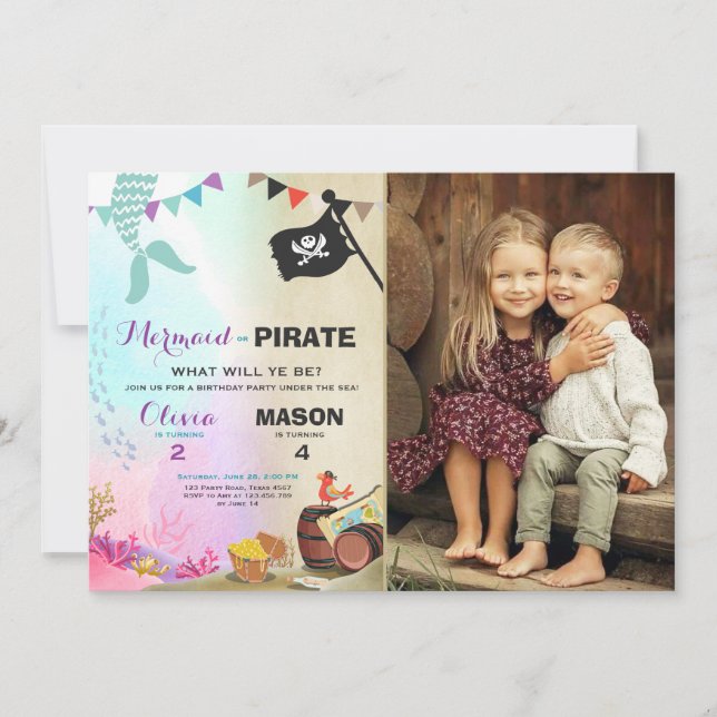 Pirate or Mermaid birthday invitation Siblings (Front)