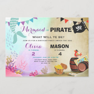 Pirate or Mermaid birthday invitation Siblings Joi