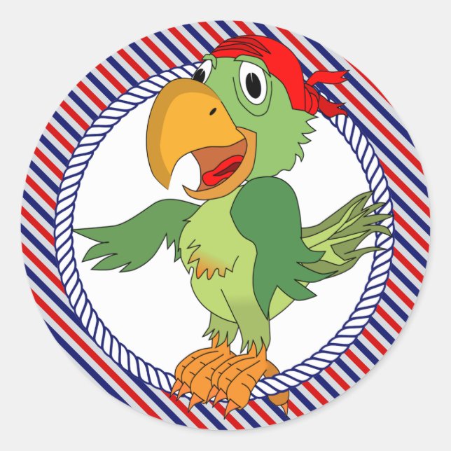 Pirate Parrot Nautical Stripes Classic Round Sticker (Front)