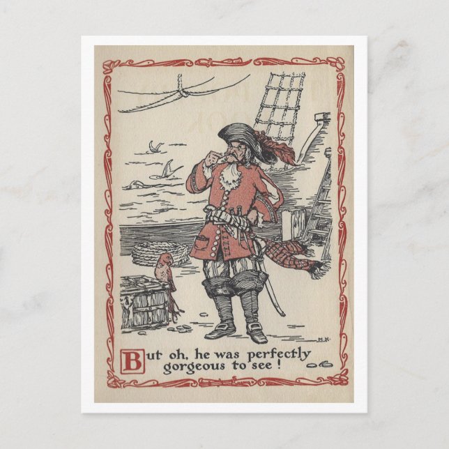 Pirate + Parrot Vintage Book Illustration Postcard (Front)