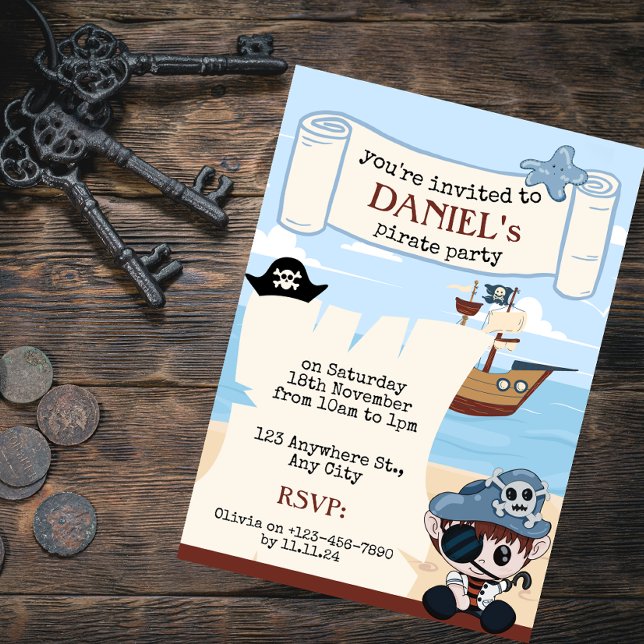 Pirate Party Invitation with Cute Turtle and Ship (Creator Uploaded)