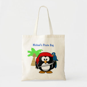 Pirate Penguin Parrot and Palm Optional Name Beach Tote Bag
