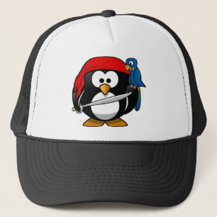 Pirate Penguin with a Red Bandanna and a Parrot Trucker Hat