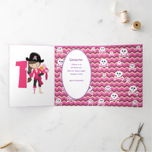 Pirate Pink 1st Birthday Tri-Fold Card