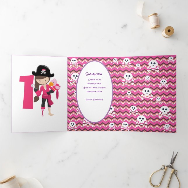 Pirate Pink 1st Birthday Tri-Fold Card (Inside)