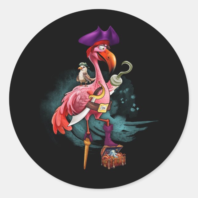 Pirate Pink Flamingo Witch Halloween Party Girls J Classic Round Sticker (Front)