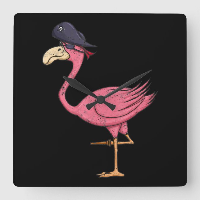 Pirate Pink Flamingo With Eyepatch Halloween Square Wall Clock (Front)