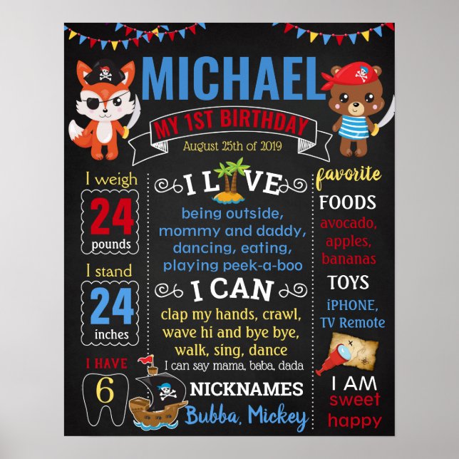 Pirate Pirates Birthday Party chalkboard boy Poster (Front)