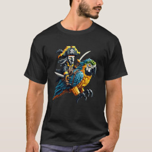Pirate Riding Parrot Block Style Gaming Gamer Pixe T-Shirt