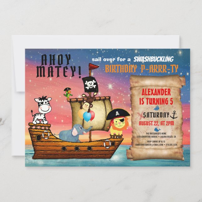 Pirate Safari Ahoy Matey Nautical Birthday Party Invitation (Front)
