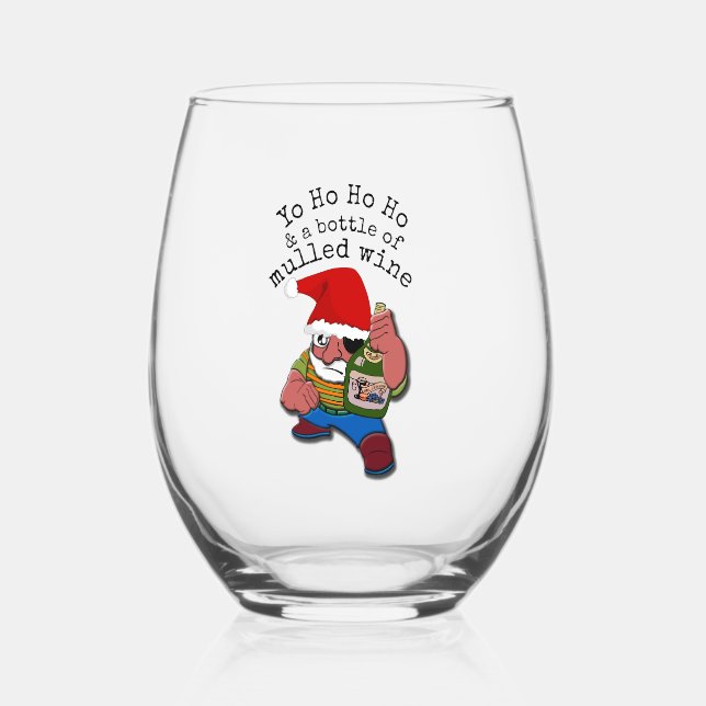 Pirate Santa Mulled Wine Christmas Stemless Wine Glass (Front)